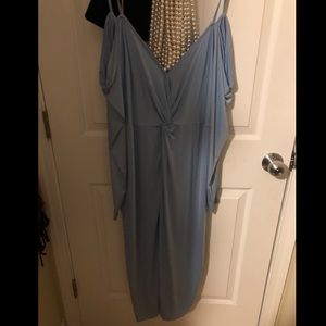 ASOS baby blue off the shoulder ruched dress